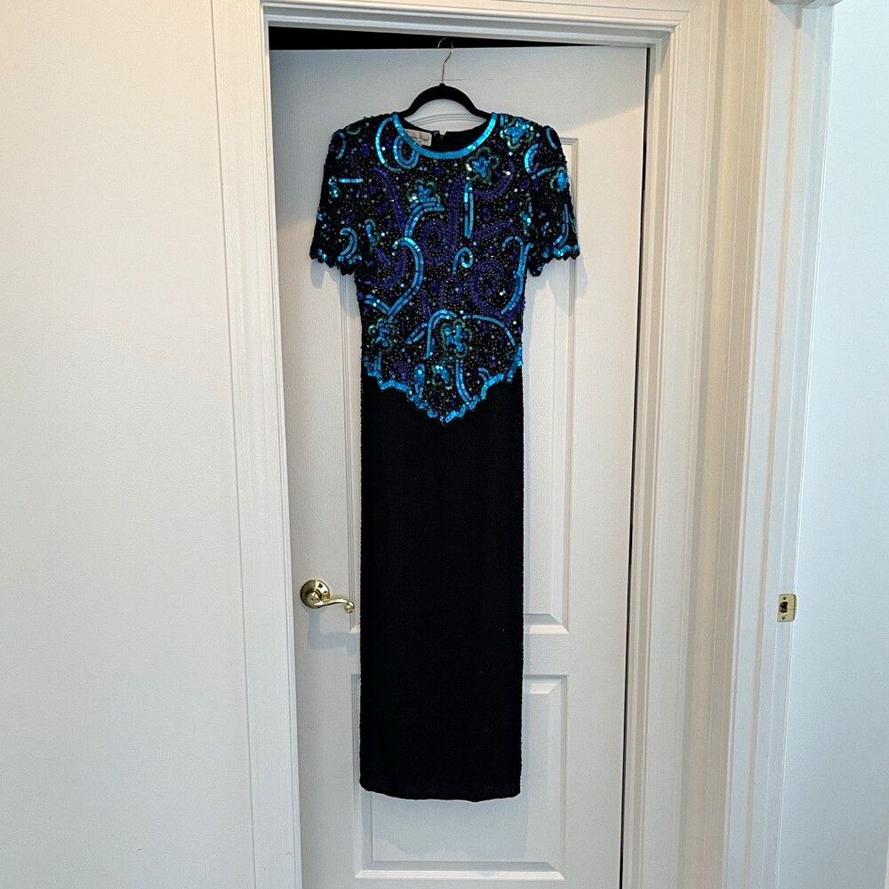 Laurence Kazar Women’s Black Silk Blend Sheath Dress Beaded Sequin Long S